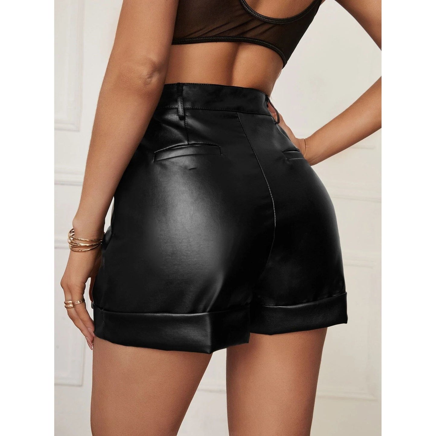Faux Leather High Roll Pleated Casual Hip-Wrapped Shorts