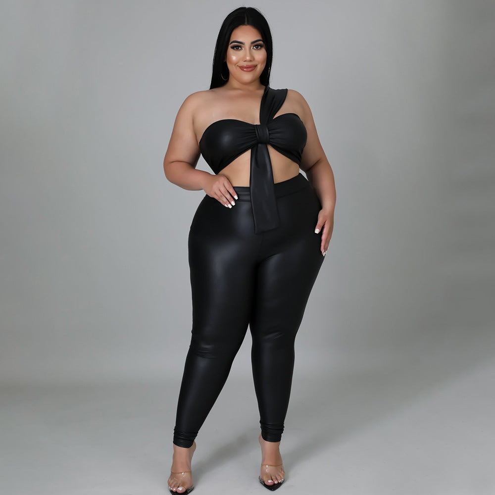 Plus Size High Elastic Leather Skinny Hip Lift Sexy Two-Piece Suit