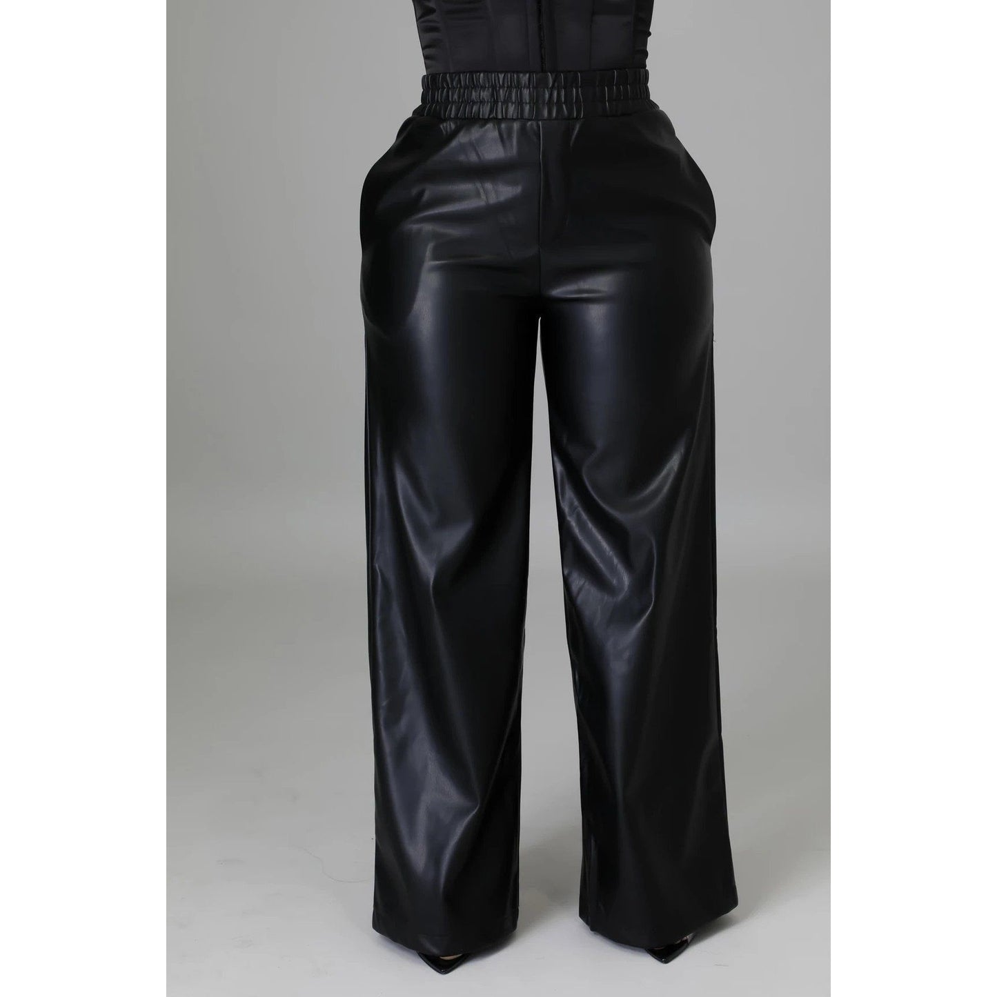 Solid Color Loose Wide Leg Pocket Faux Leather Pants