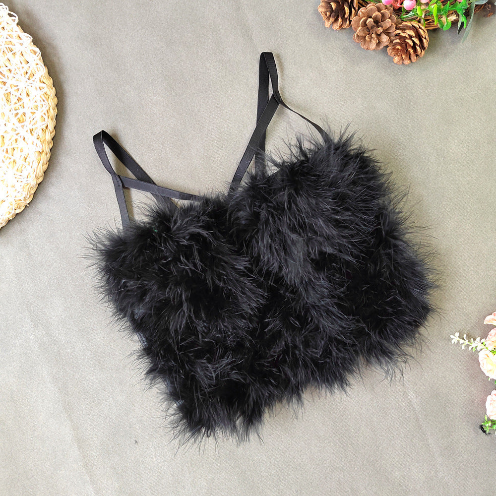 Ostrich Feather Stitching Leather Spaghetti Straps Elegant Faux Leather Feather Tube Top Vest