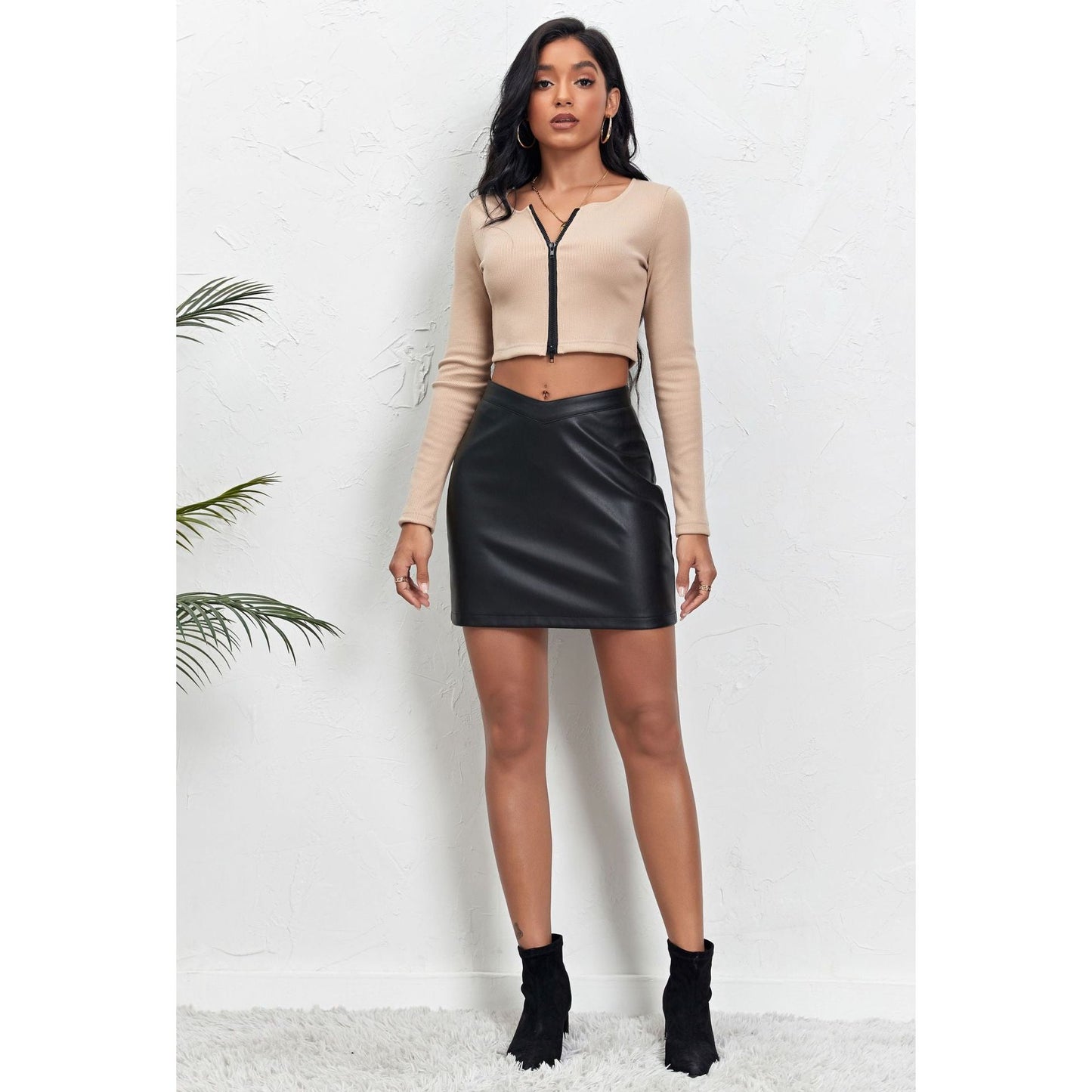 V Waist Cropped Zipper Leather Skirt Skirt