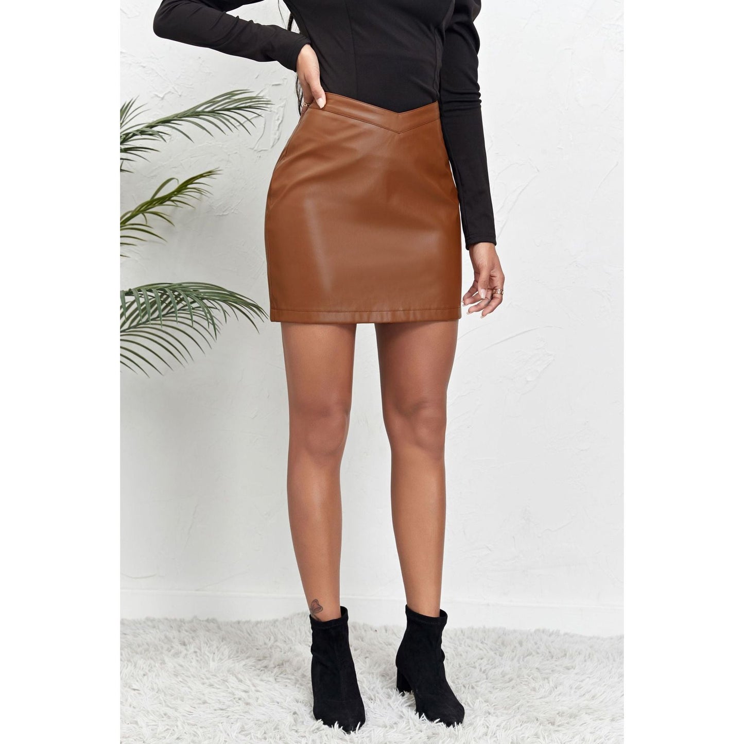 V Waist Cropped Zipper Leather Skirt Skirt
