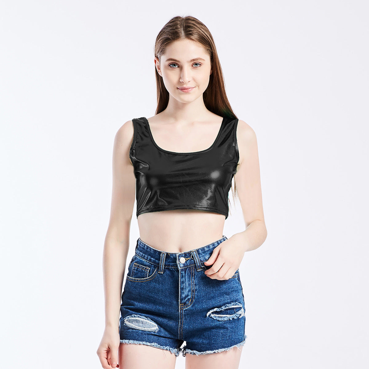 Summer Sexy Slim Sports I-Shaped Vest Bright Leather Performance Wear Stage Women Clothing