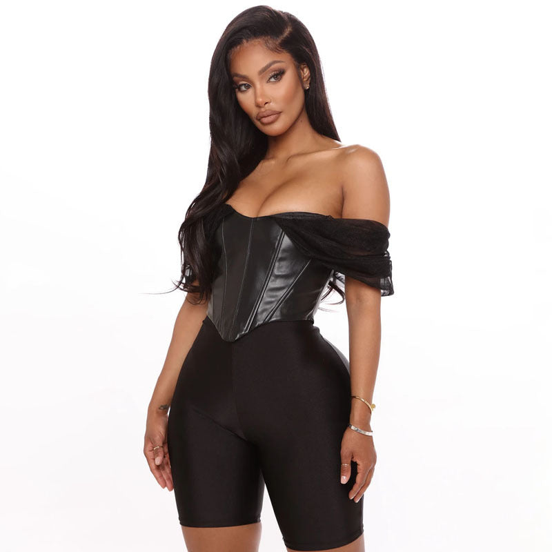 Sexy Mesh Sleeves Faux Leather off-Neck Short Sleeve Top