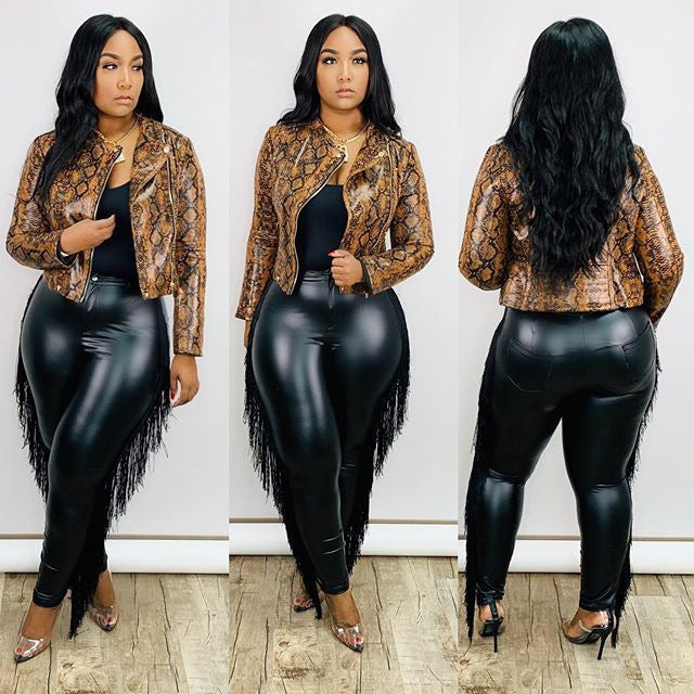 Plus Size High Waist Slim Sexy Fringed Sheath Ninth  Leather Pants