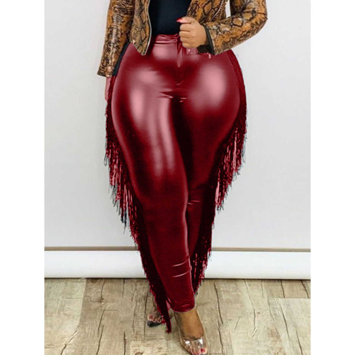 Plus Size High Waist Slim Sexy Fringed Sheath Ninth  Leather Pants