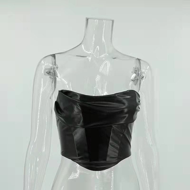 Sexy Faux Leather Wrapped Chest Backless Tube Top Corset