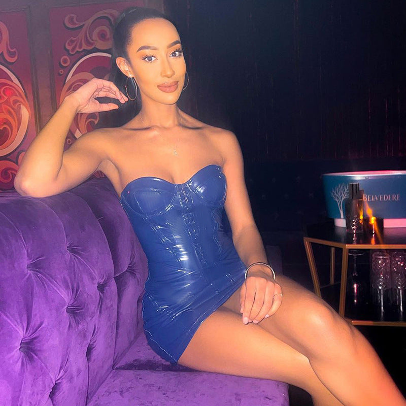 Leather Tube Top Package Hip Dress Autumn Sexy Backless Waist Trimming Off Neck Women Dress