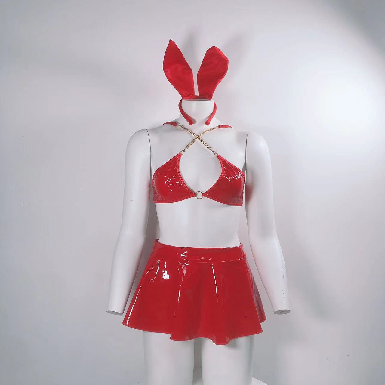 Sexy Lingerie Patent Leather Rabbit Ear Headband W/ Sexy Metal Chain Bra