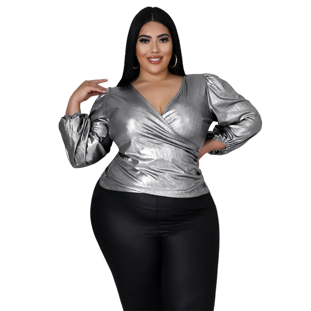 Plus Size Nightclub Fashion Bronzed Fabric V-neck Pleated Drawstring Sleeve Top