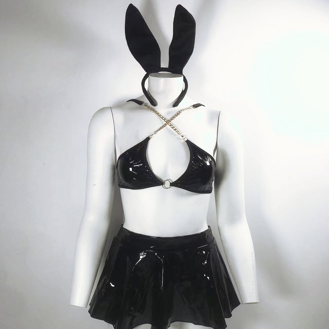 Sexy Lingerie Patent Leather Rabbit Ear Headband W/ Sexy Metal Chain Bra