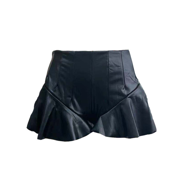 Faux Leather Casual Pleated A- line Ruffled Shorts