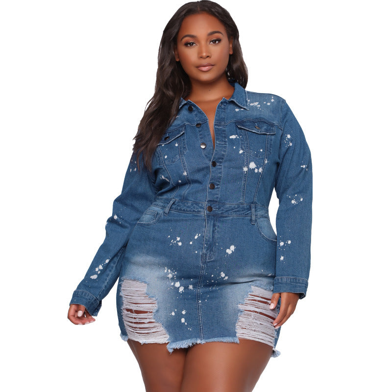 Plus Size Ripped Breasted Slim Denim Dress