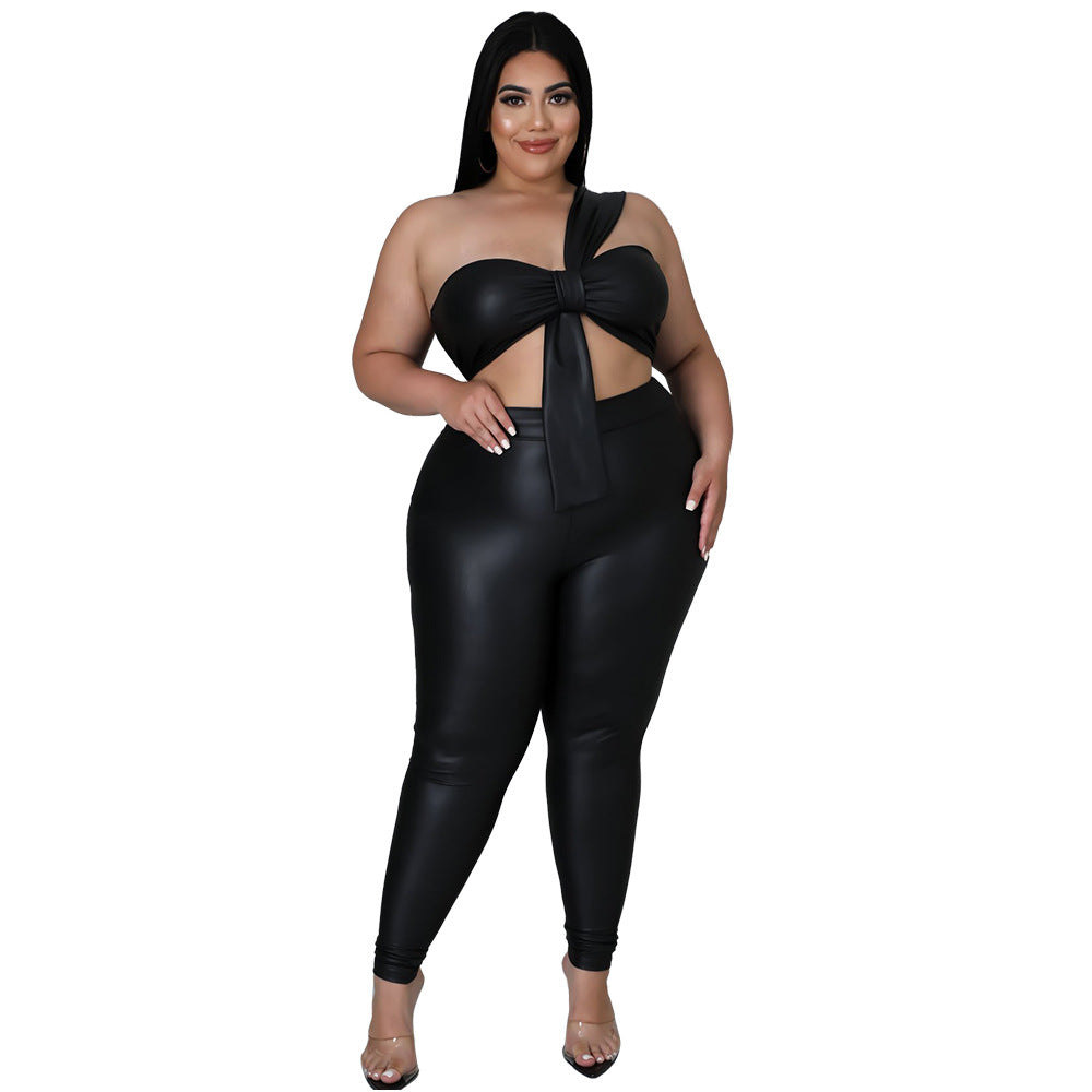 Plus Size High Elastic Leather Skinny Hip Lift Sexy Two-Piece Suit
