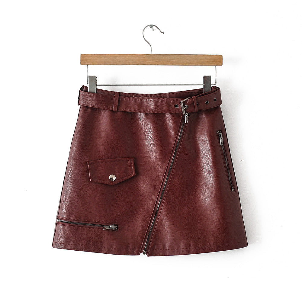 Short Faux Leather High Waist Red Wine Leather A- Line Skirt