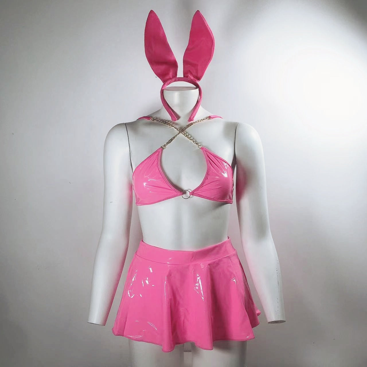 Sexy Lingerie Patent Leather Rabbit Ear Headband W/ Sexy Metal Chain Bra