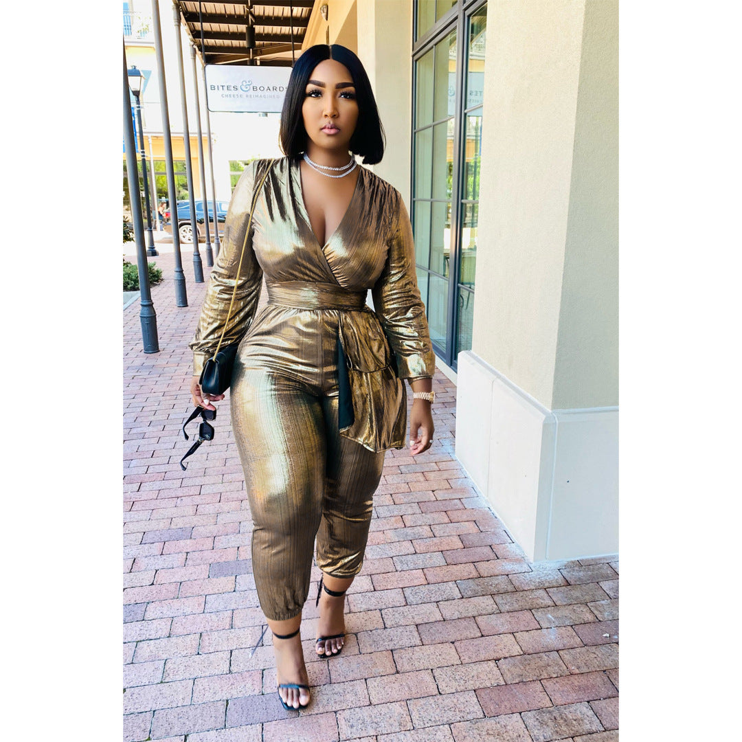 Bronzing Sunken Stripe Pleated Zipper V neck Jumpsuit