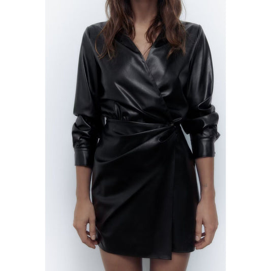 Faux Leather Pleated Decorative Dress