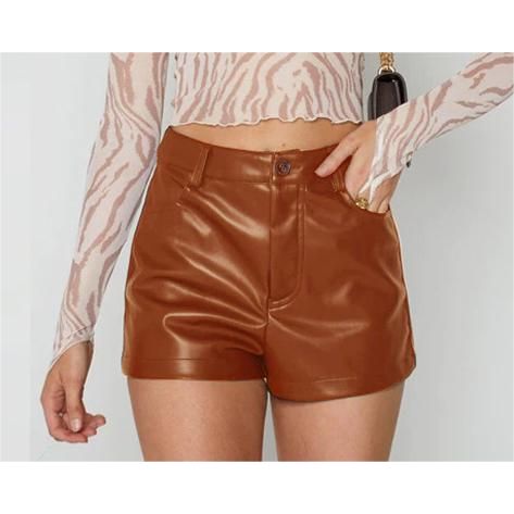 Women Shorts Solid Color High Waist Four Seasons Wearable Faux Leather