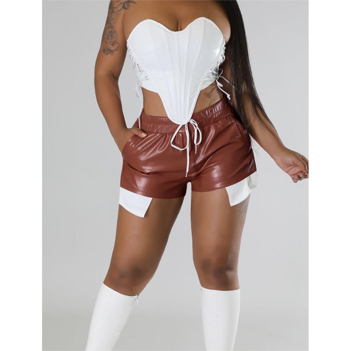 Elegant Deep Pocket Strap Faux Leather Shorts