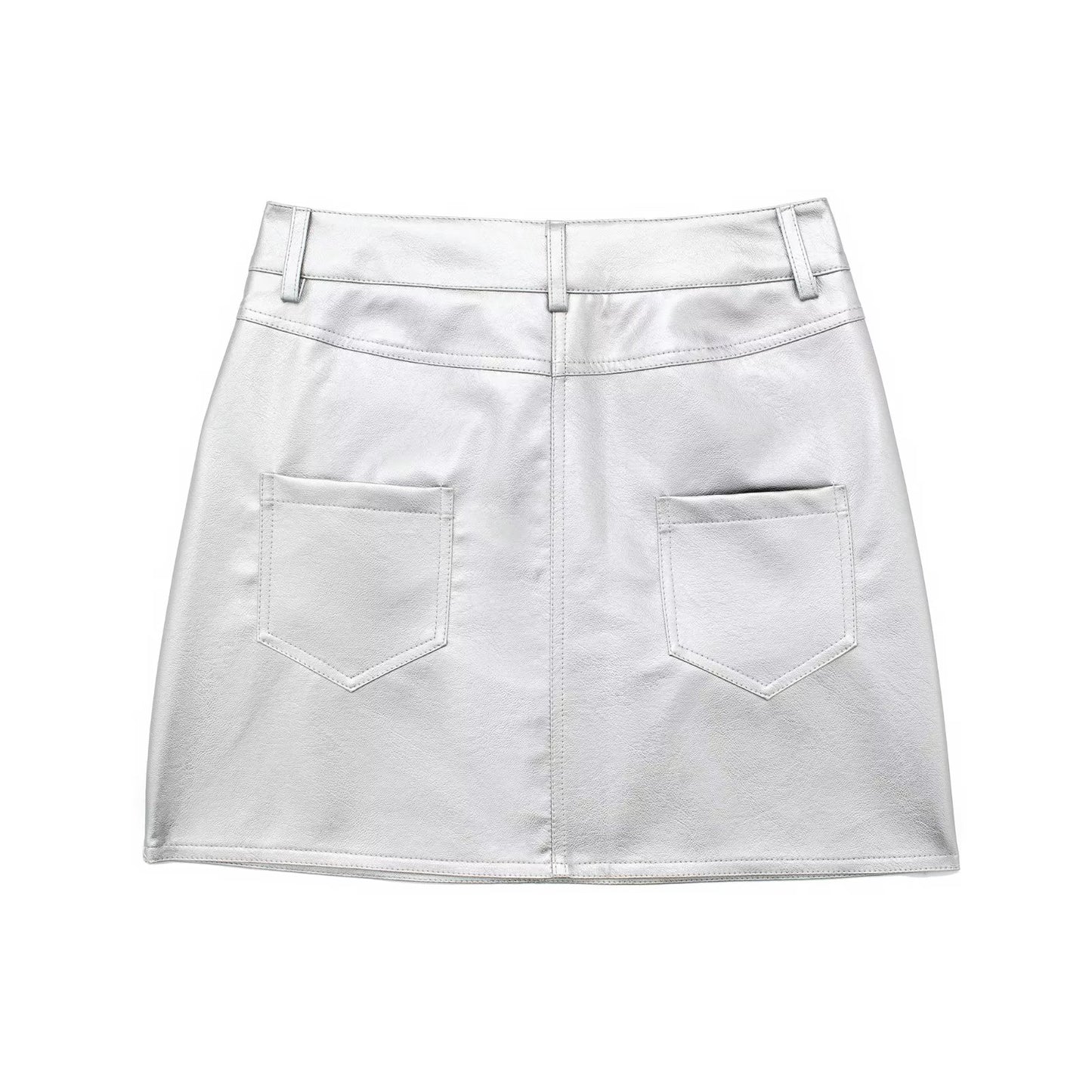 Silver Faux Leather Mini Skirts Sexy High Waist Skirt