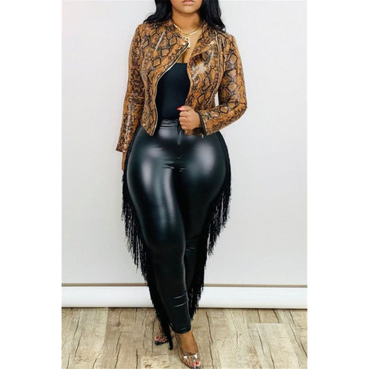 Plus Size High Waist Slim Sexy Fringed Sheath Ninth  Leather Pants