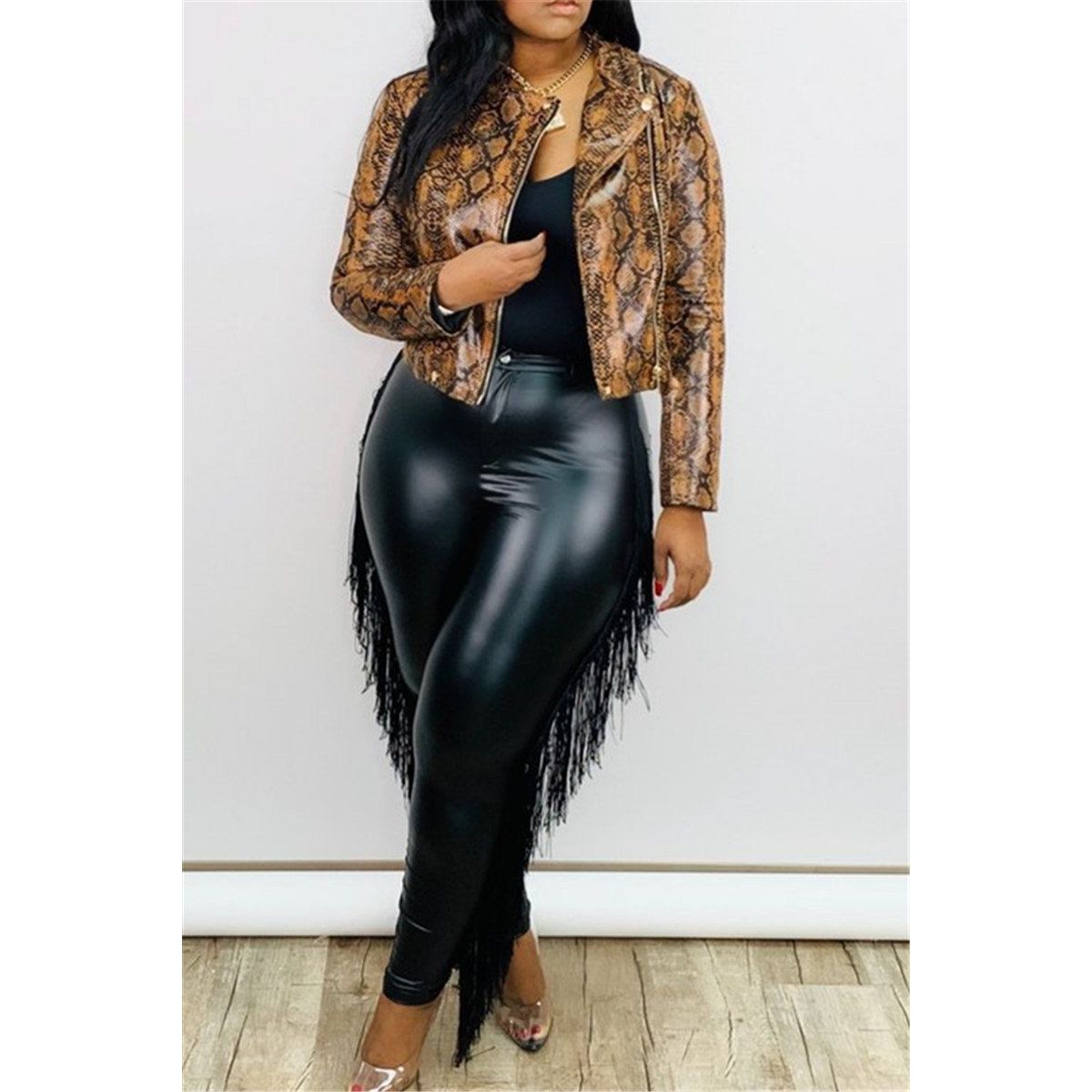 Plus Size High Waist Slim Sexy Fringed Sheath Ninth  Leather Pants