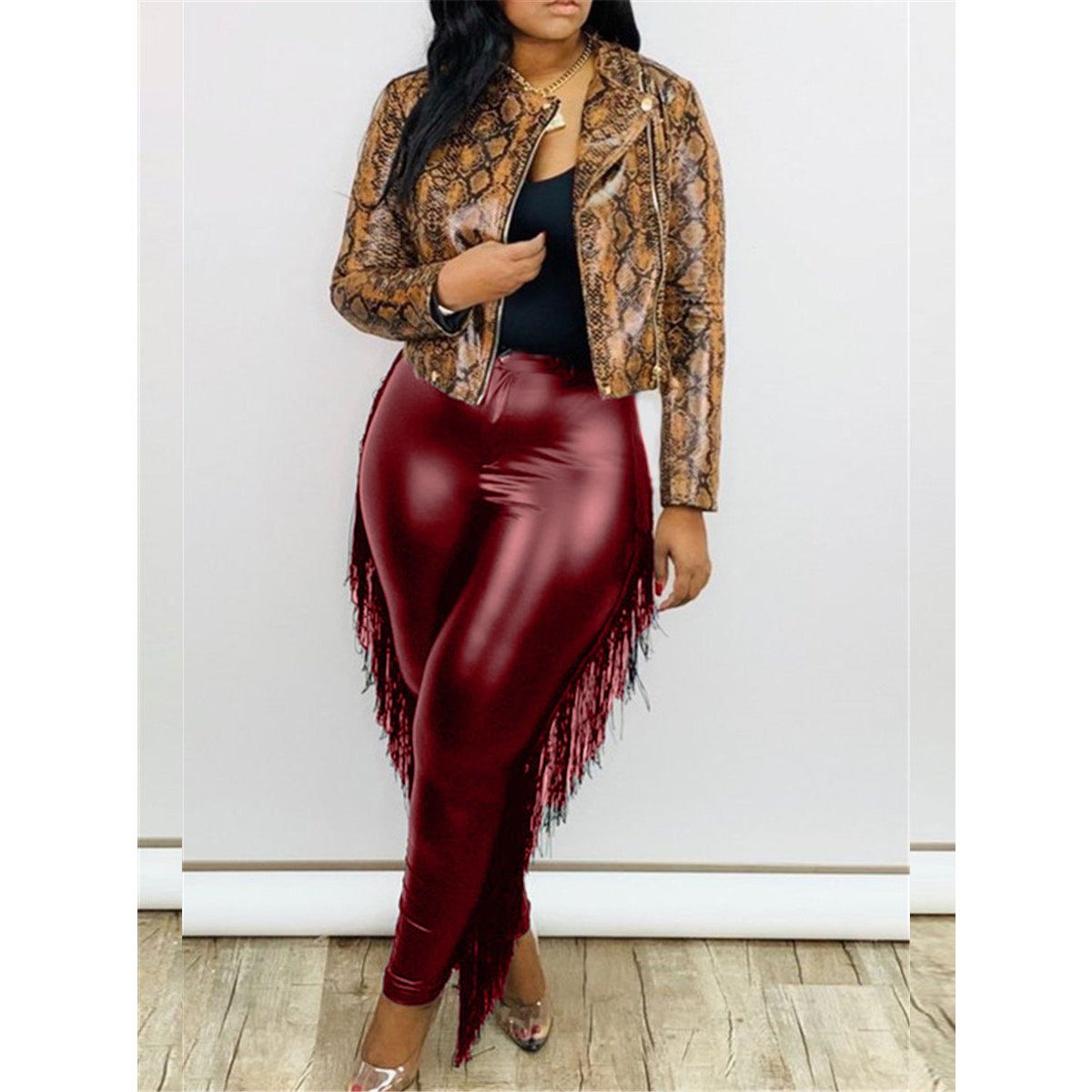 Plus Size High Waist Slim Sexy Fringed Sheath Ninth  Leather Pants
