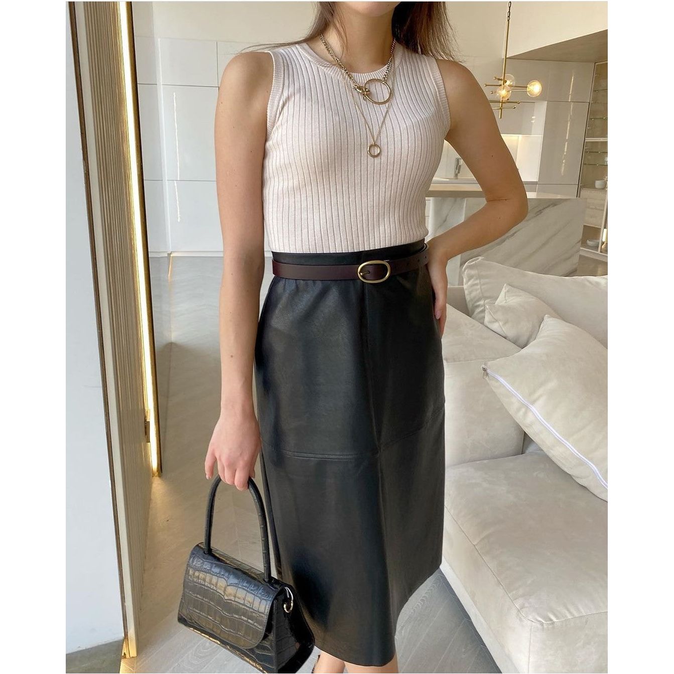 Office Slim Fit Skirt Elegant High Waist Leather Casual Skirt