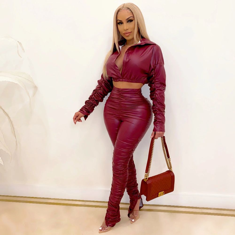 Casual Faux Leather Ruched Elastic Autumn Winter Two-Piece Set
