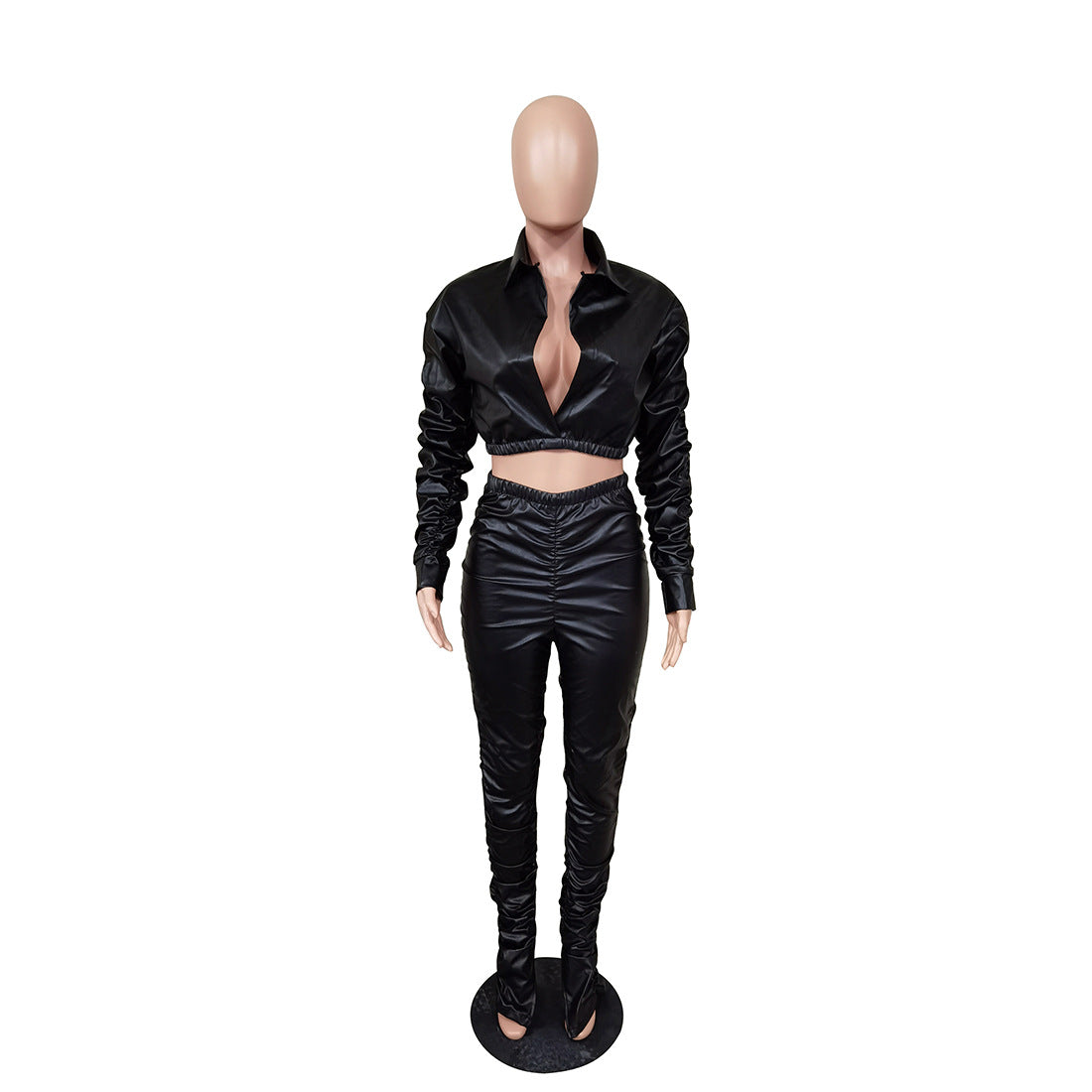 Casual Faux Leather Ruched Elastic Autumn Winter Two-Piece Set