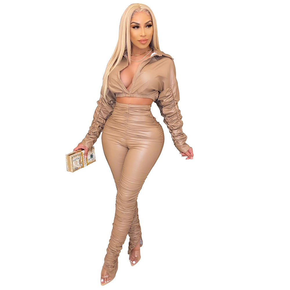 Casual Faux Leather Ruched Elastic Autumn Winter Two-Piece Set