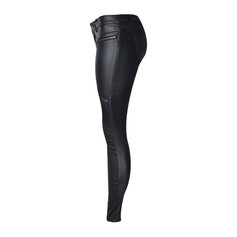Faux Leather Denim Skinny Pants Multi-Zipper Motorcycle Biker Style