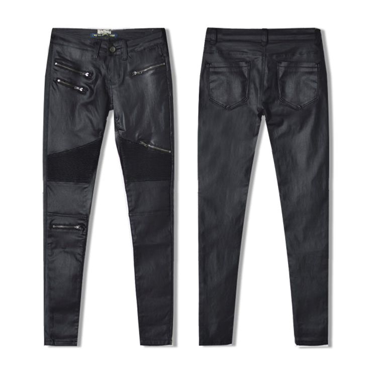 Faux Leather Denim Skinny Pants Multi-Zipper Motorcycle Biker Style