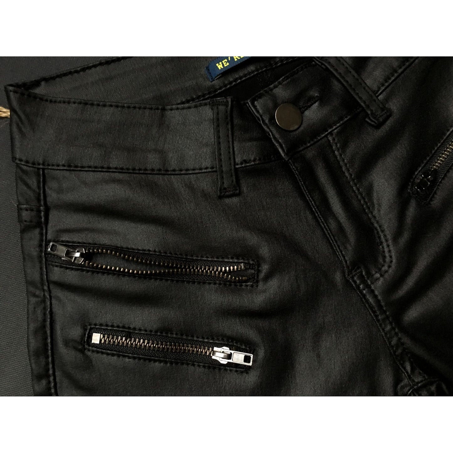 Faux Leather Denim Skinny Pants Multi-Zipper Motorcycle Biker Style