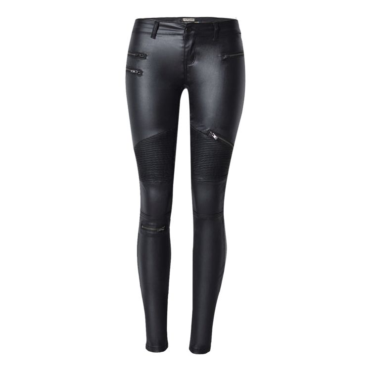 Faux Leather Denim Skinny Pants Multi-Zipper Motorcycle Biker Style