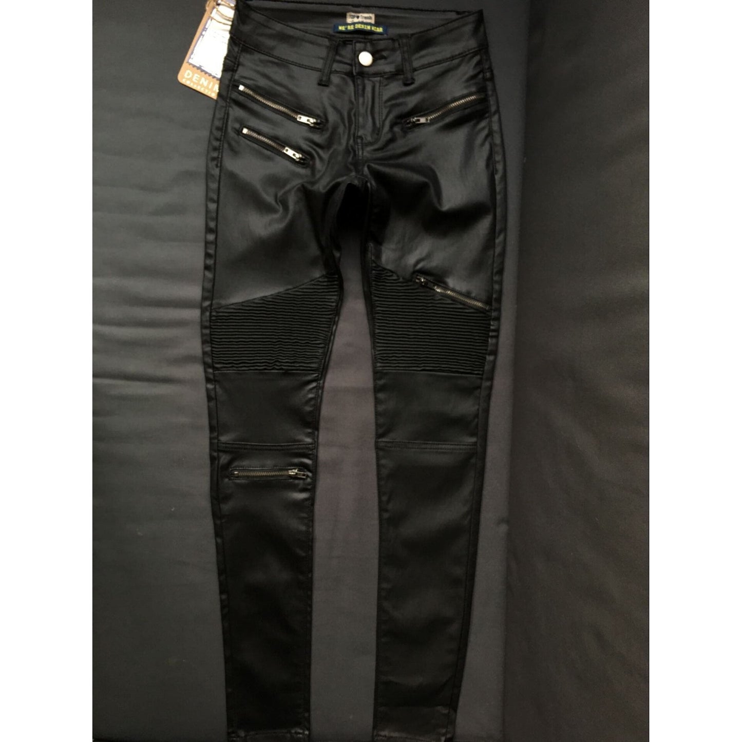 Faux Leather Denim Skinny Pants Multi-Zipper Motorcycle Biker Style