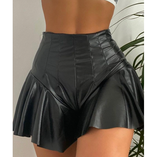 Faux Leather Casual Pleated A- line Ruffled Shorts