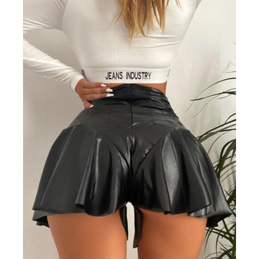 Faux Leather Casual Pleated A- line Ruffled Shorts