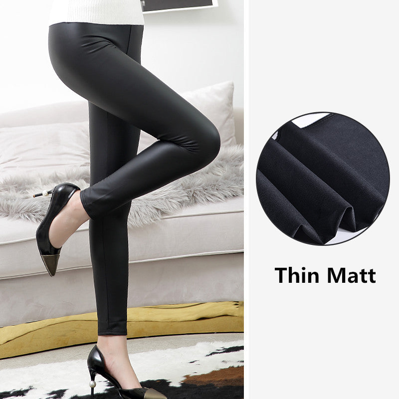 High Waist Bright Faux Leather Leggings High Elastic Fleece Lined Cropped Pants