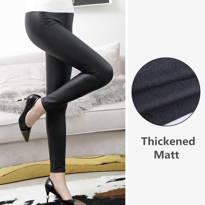 High Waist Bright Faux Leather Leggings High Elastic Fleece Lined Cropped Pants