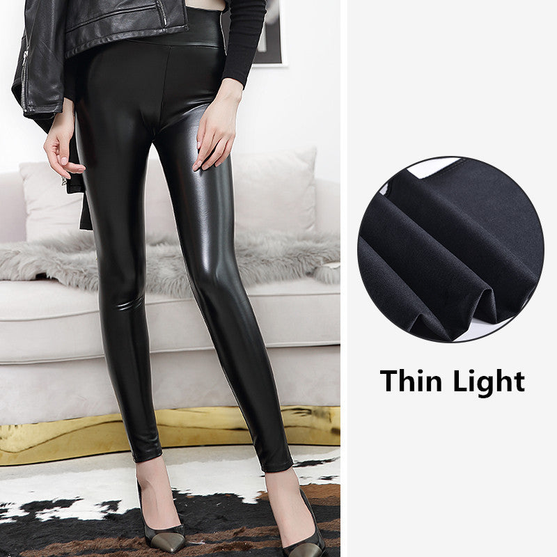 High Waist Bright Faux Leather Leggings High Elastic Fleece Lined Cropped Pants