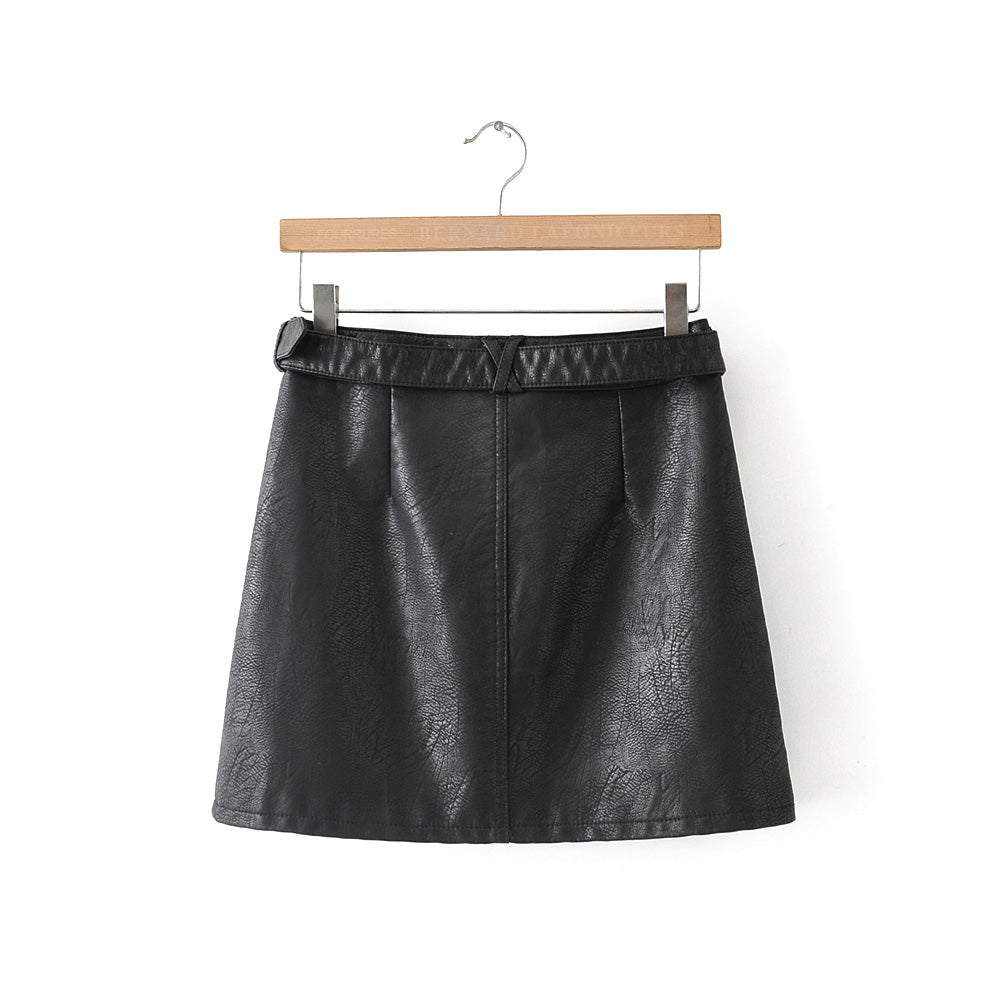 Short Faux Leather High Waist Red Wine Leather A- Line Skirt