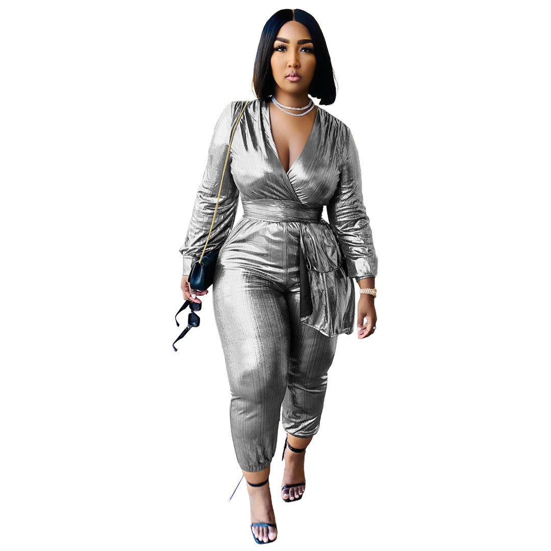 Bronzing Sunken Stripe Pleated Zipper V neck Jumpsuit