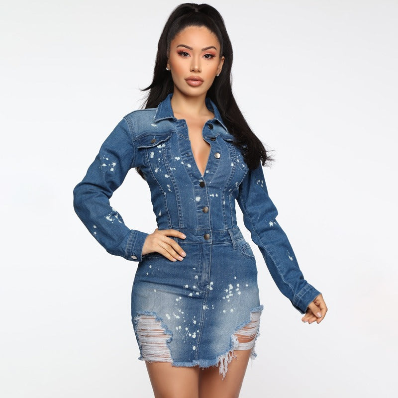 Plus Size Ripped Breasted Slim Denim Dress