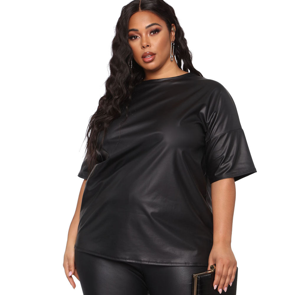 Plus Size Leather Short Sleeve Slim Trousers Casual Blazer