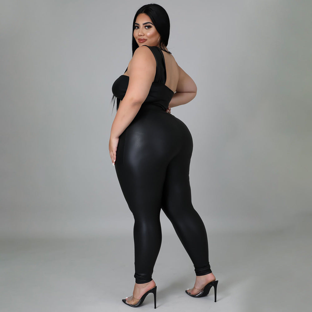 Plus Size High Elastic Leather Skinny Hip Lift Sexy Two-Piece Suit