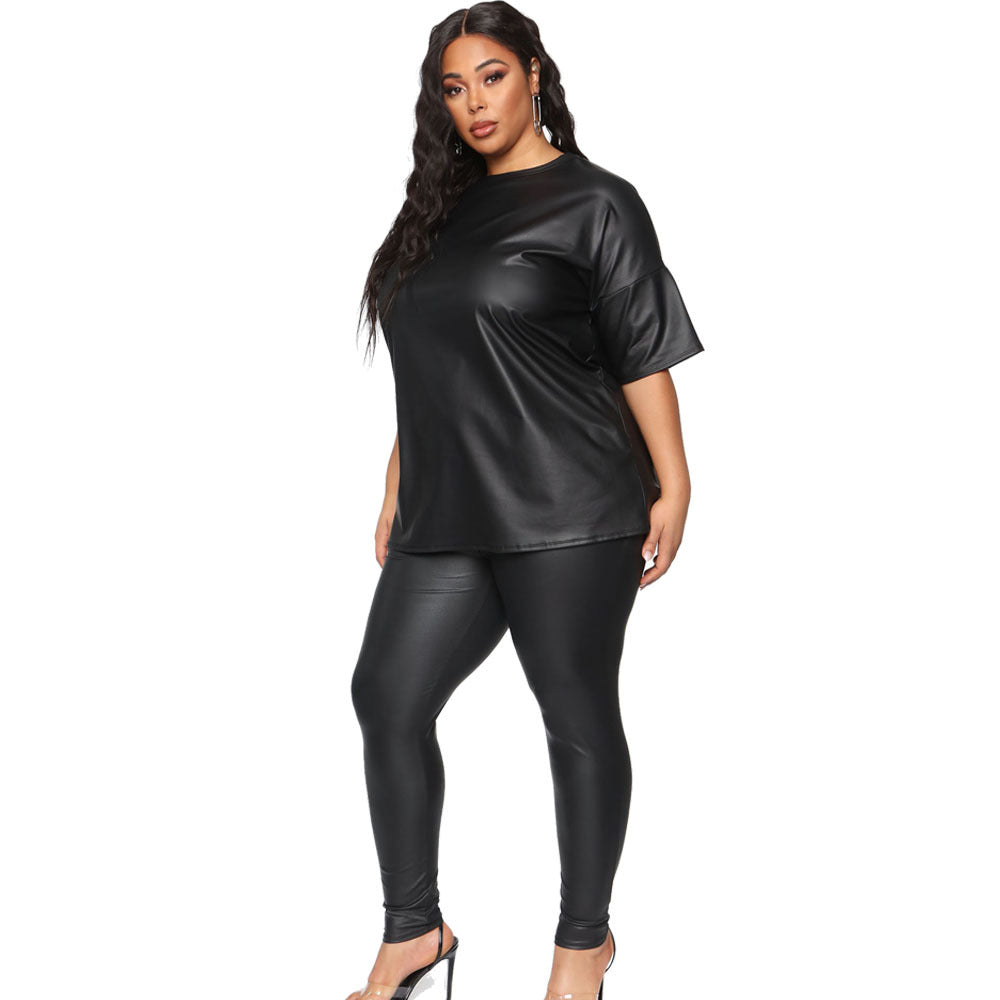 Plus Size Leather Short Sleeve Slim Trousers Casual Blazer