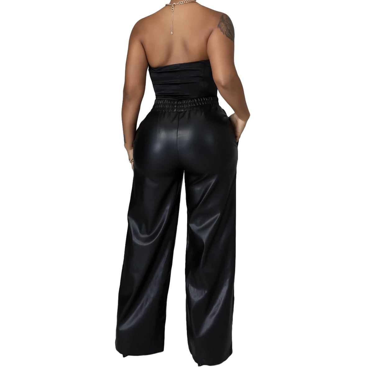 Solid Color Loose Wide Leg Pocket Faux Leather Pants
