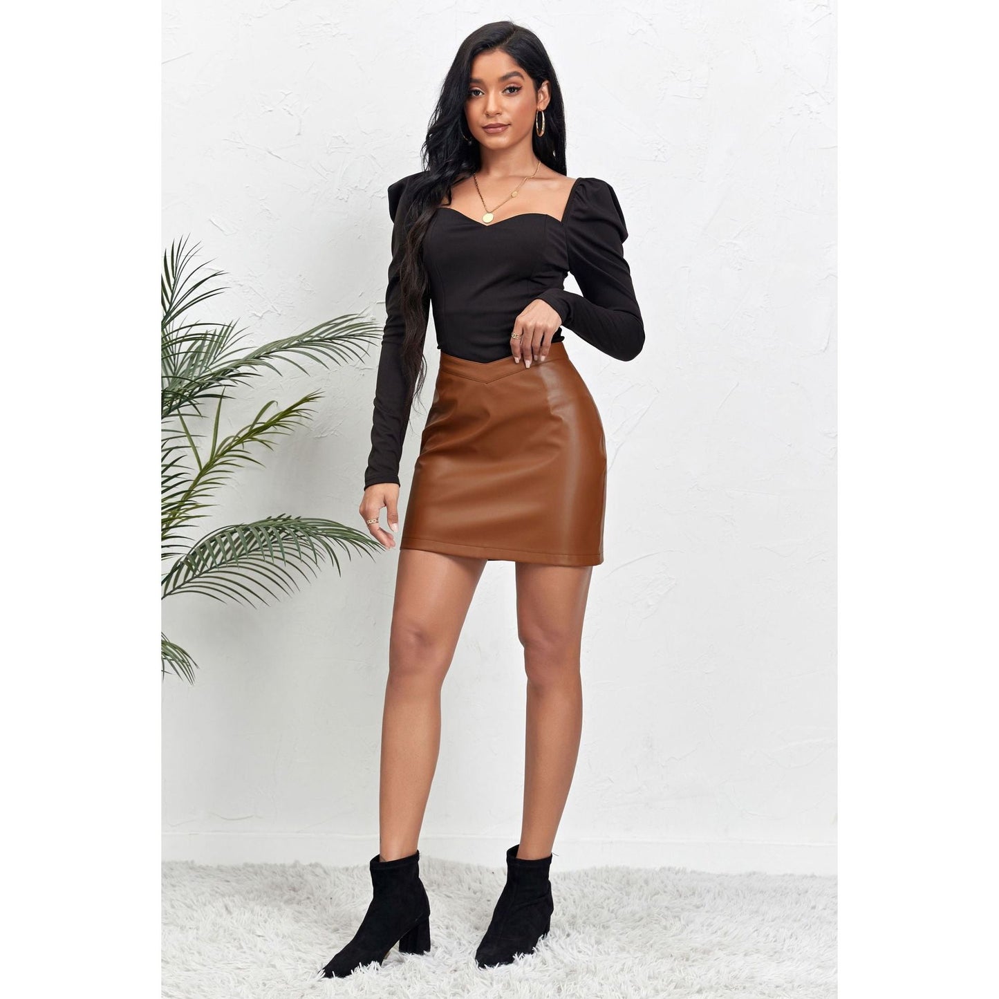 V Waist Cropped Zipper Leather Skirt Skirt